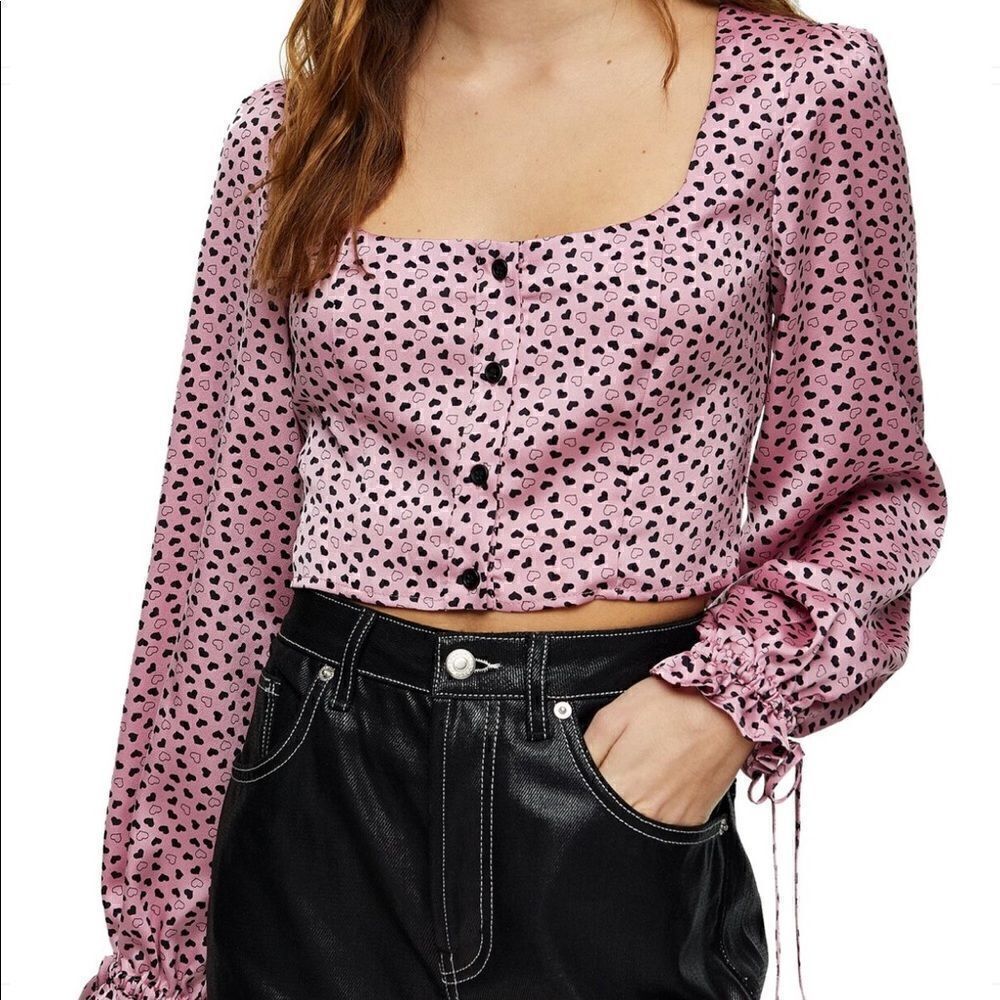 Top Shop Cropped Pink Long Sleeves Hearts Button Down Puff Sleeves Nwt 8 Scoop